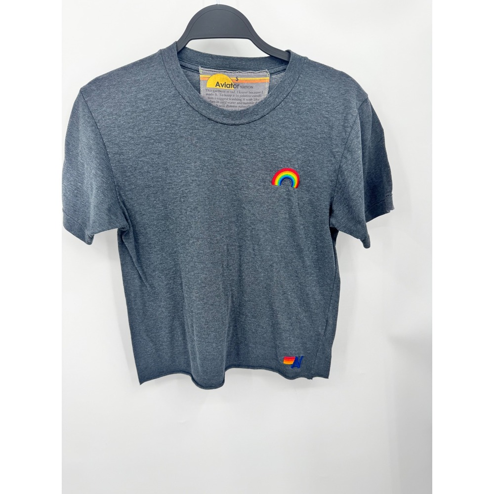 Aviator Nation T-Shirt Women S Gray Rainbow Patch Raw Hem Short Sleeve